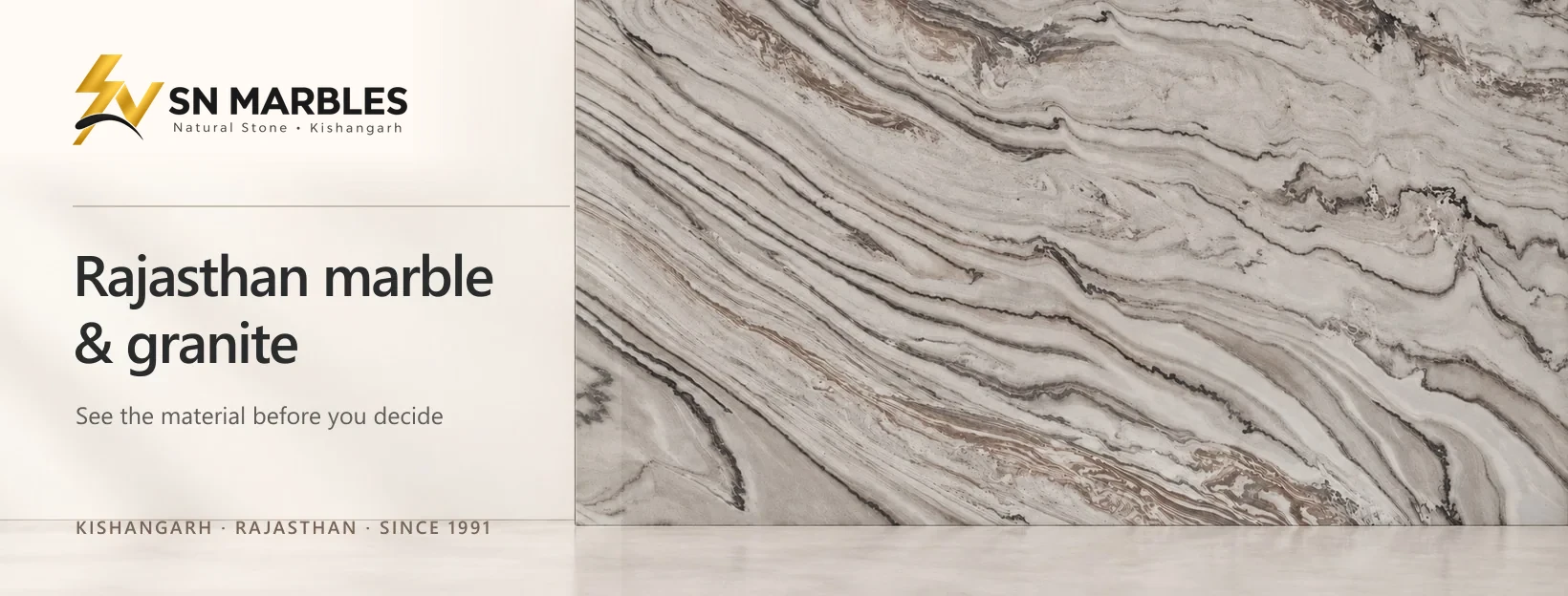 SN Marbles cover with grey Markino marble and Rajasthan stone branding